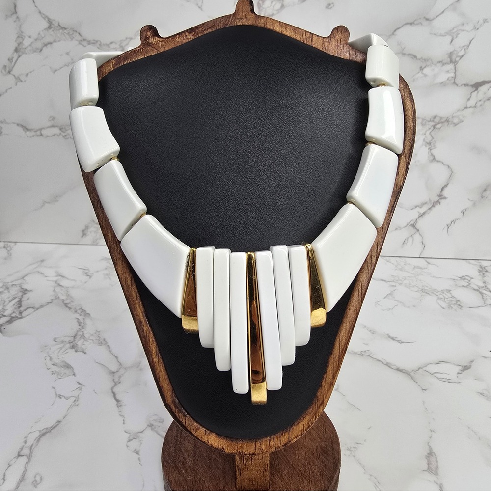 Napier Vintage Gold Tone White Art Deco Style Block Fringe Collar Necklace